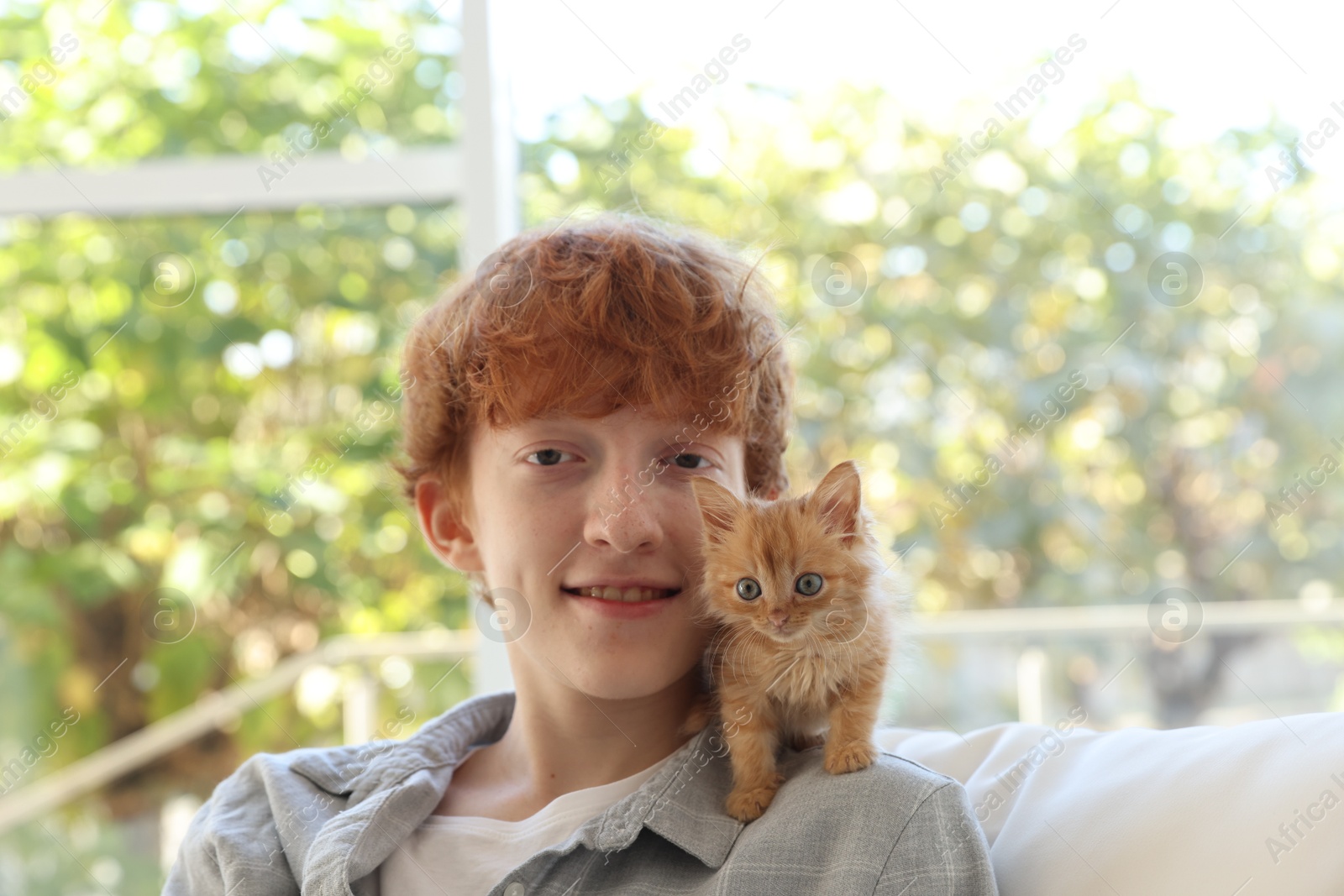 Photo of Redhead teenage boy with cute ginger kitten indoors