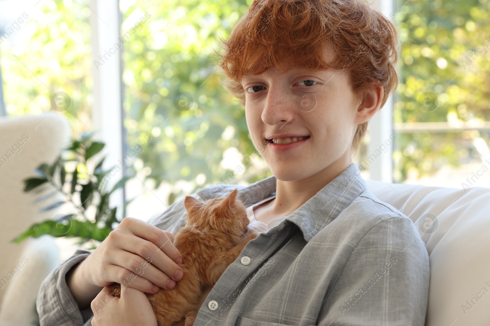 Photo of Redhead teenage boy with cute ginger kitten indoors