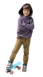 Photo of Little boy with skateboard on white background