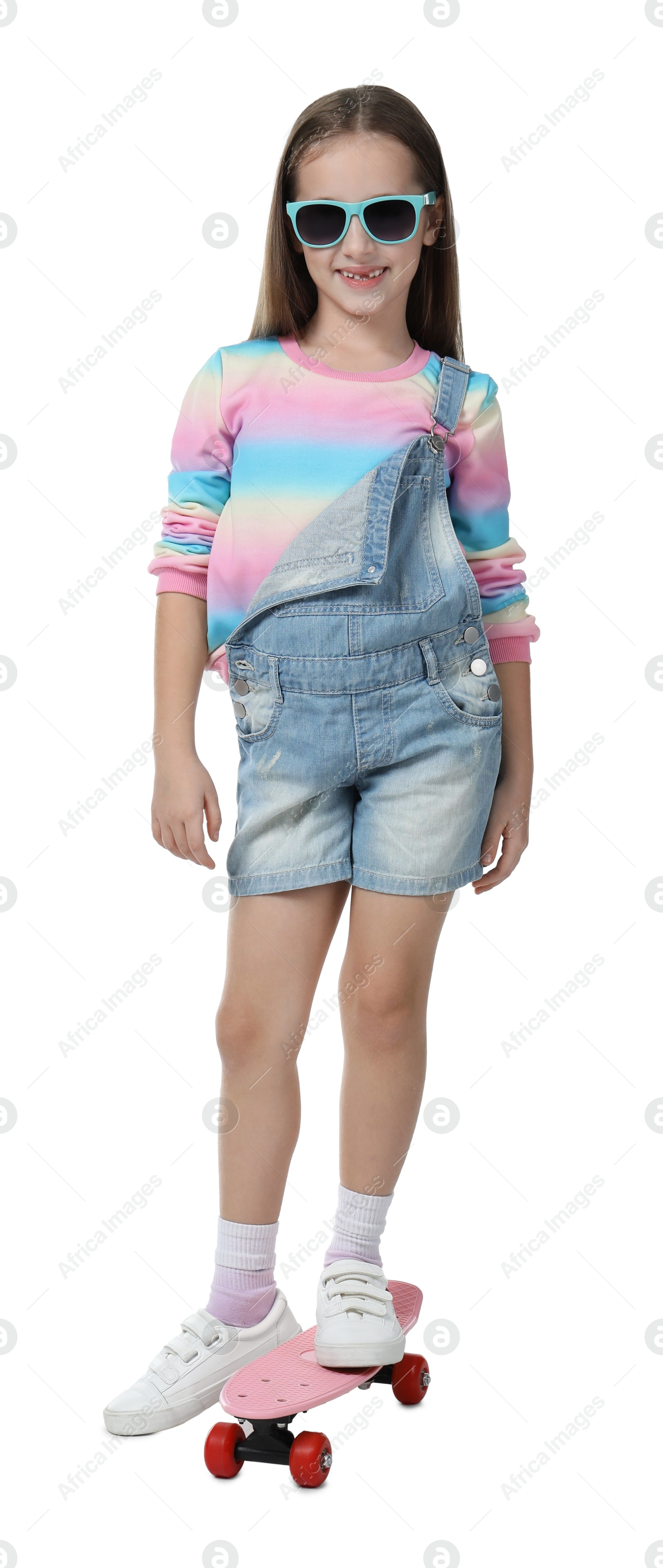 Photo of Stylish girl in glasses with skateboard on white background