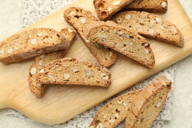 Traditional Italian almond biscuits (Cantucci) on table, closeup