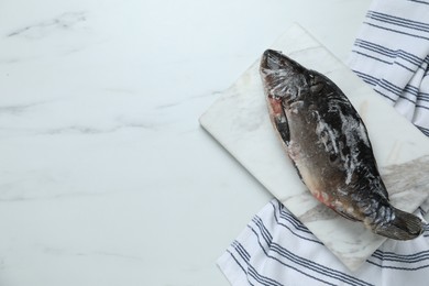 Photo of Frozen carp fish on white marble table, top view. Space for text