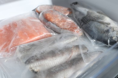 Photo of Different frozen fishes in plastic bags on refrigerator shelf, closeup