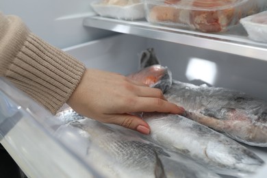 Photo of Woman taking frozen fish out of fridge, closeup