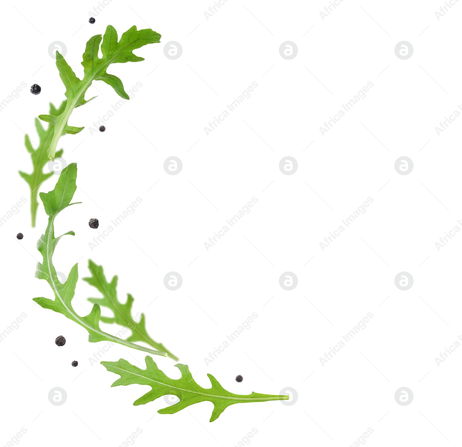 Image of Fresh green arugula and black pepper in air on white background