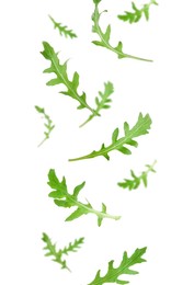 Image of Fresh green arugula in air on white background