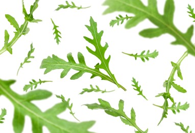 Image of Fresh green arugula in air on white background