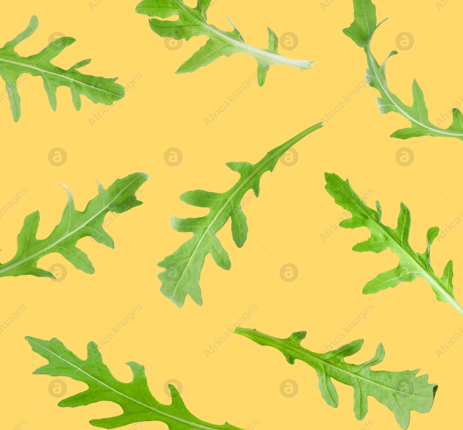 Image of Fresh green arugula in air on light orange background