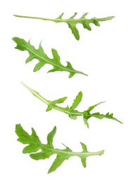 Image of Fresh green arugula in air on white background