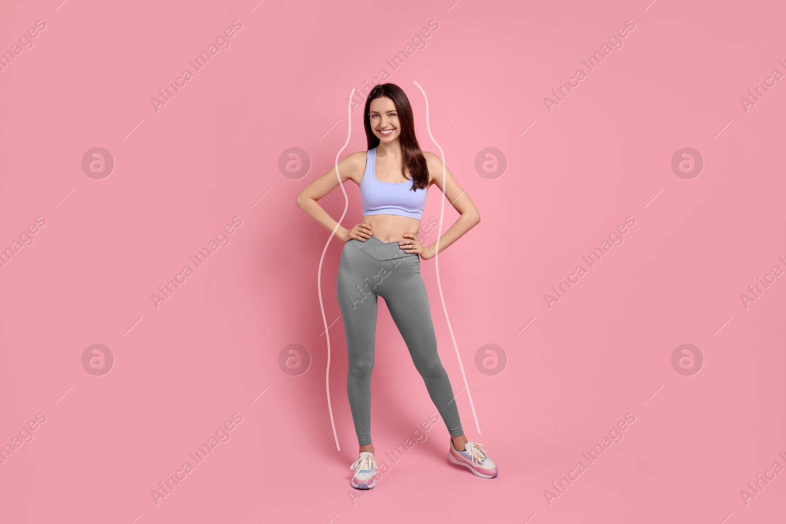 Image of Happy young woman with slim body posing on pink background. Lines around repeating her figure