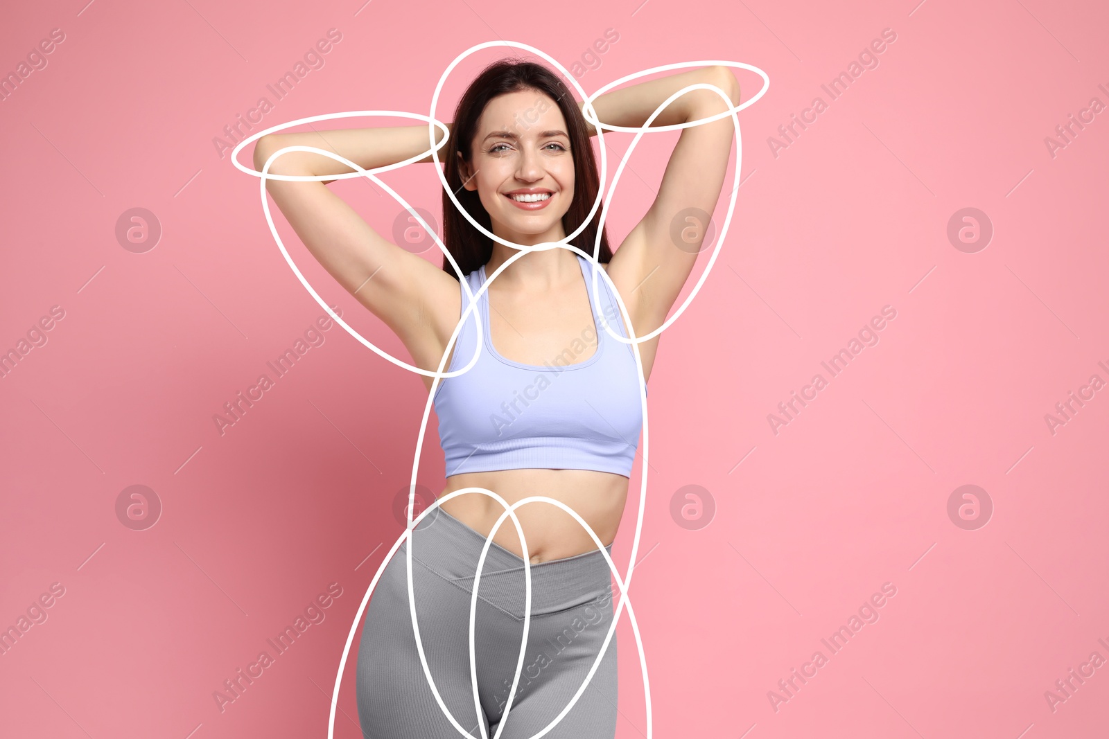 Image of Beautiful young woman with slim body posing on pink background. Lines around her figure