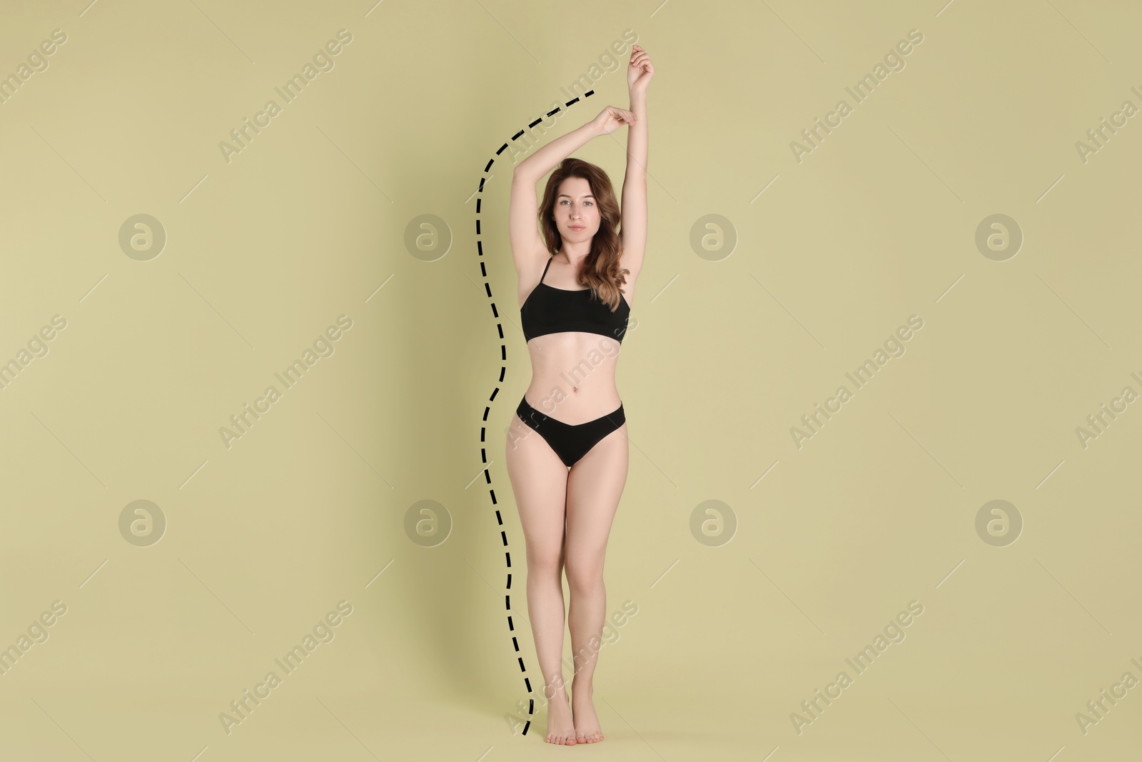 Image of Beautiful young woman in underwear posing on color background. Dashed line repeating her slim body