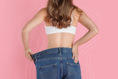 Woman in big jeans showing her slim body on pink background, closeup. Back view. Lines around repeating her figure