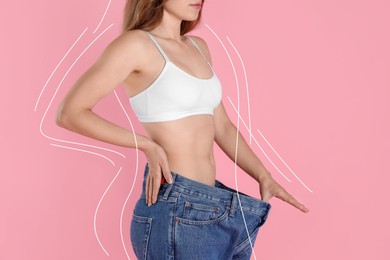 Woman in big jeans showing her slim body on pink background, closeup. Lines around repeating her figure