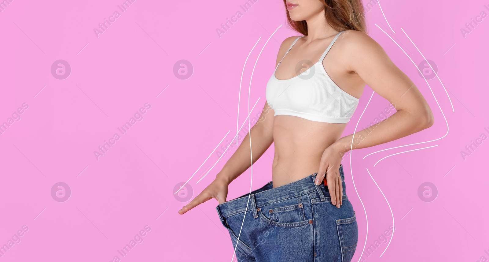 Image of Woman in big jeans showing her slim body on lilac background, closeup. Lines around repeating her figure. Banner design with space for text