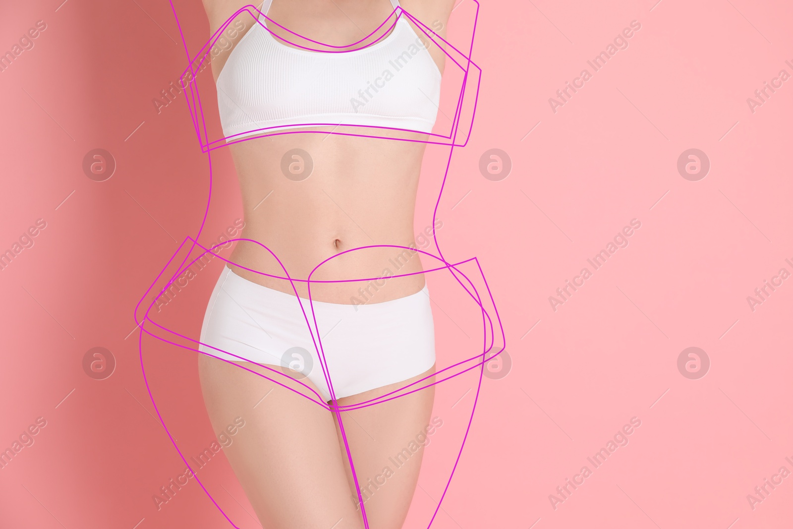 Image of Woman in underwear posing on pink background, closeup. Lines repeating her slim body