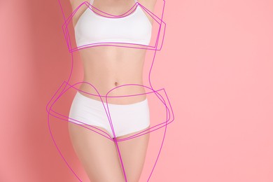 Image of Woman in underwear posing on pink background, closeup. Lines repeating her slim body