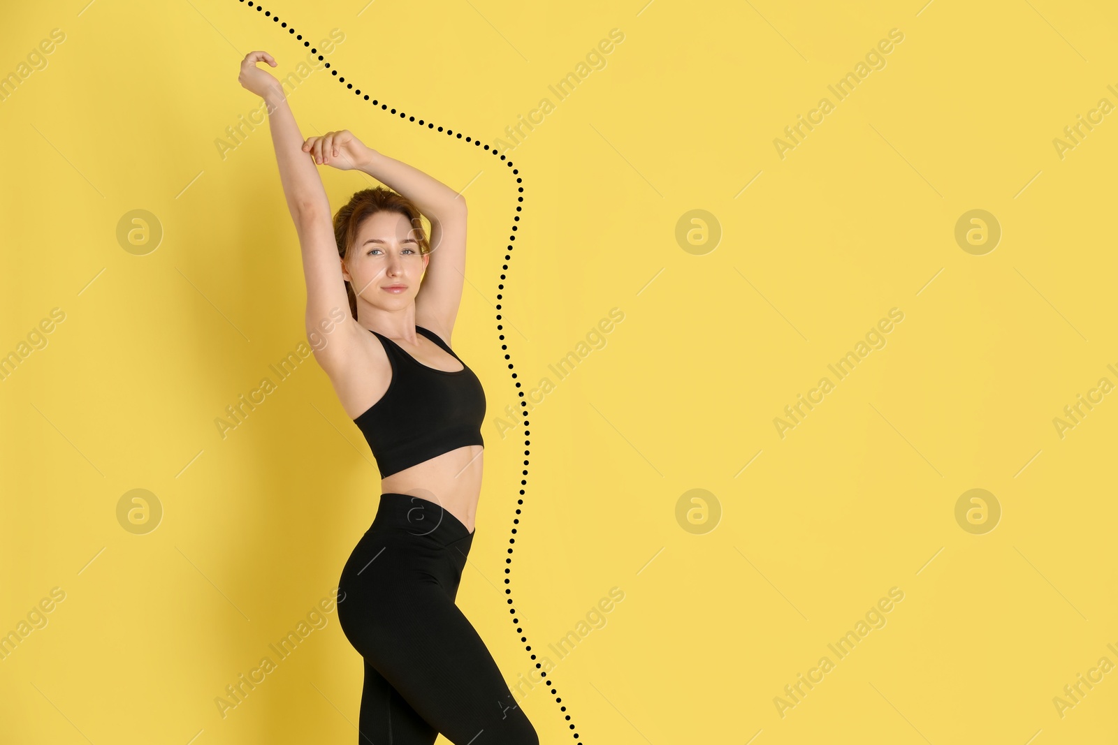 Image of Happy young woman with slim body posing on yellow background, space for text. Dotted line around repeating her figure