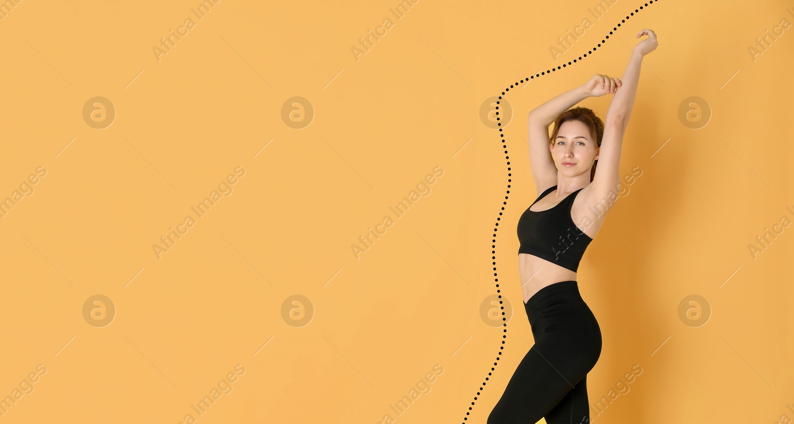 Image of Happy young woman with slim body posing on orange background. Dotted line around repeating her figure. Banner design with space for text