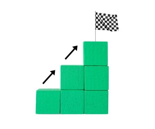 Image of Stair made of green cubes with finish flag on top against white background. Arrows showing way to goal. Steps to success concept