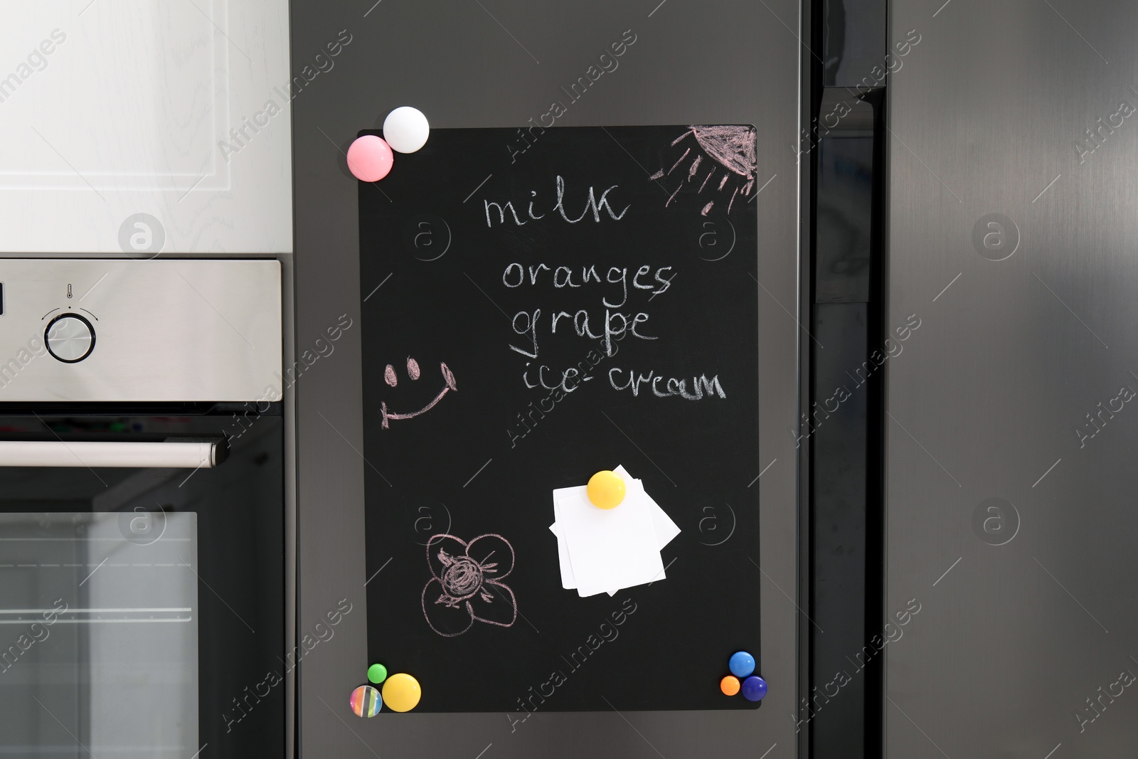 Photo of Magnetic board with shopping list and notes on refrigerator in kitchen