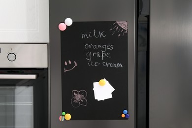 Magnetic board with shopping list and notes on refrigerator in kitchen