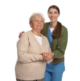 Caregiver supporting senior woman on white background. Home health care service