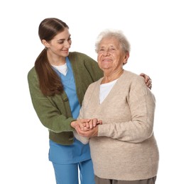 Caregiver supporting senior woman on white background. Home health care service