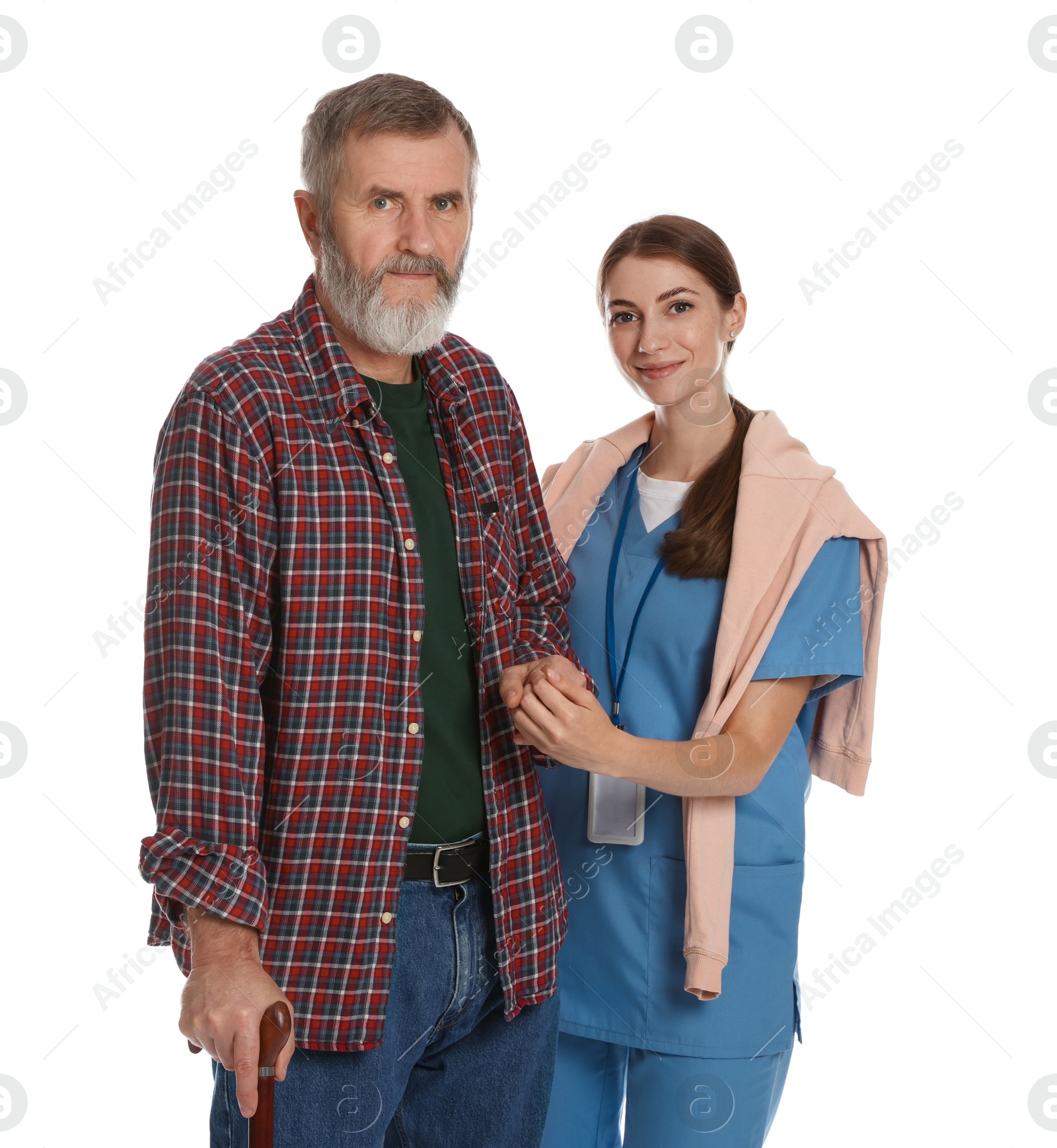 Photo of Caregiver supporting senior man with walking cane on white background. Home health care service