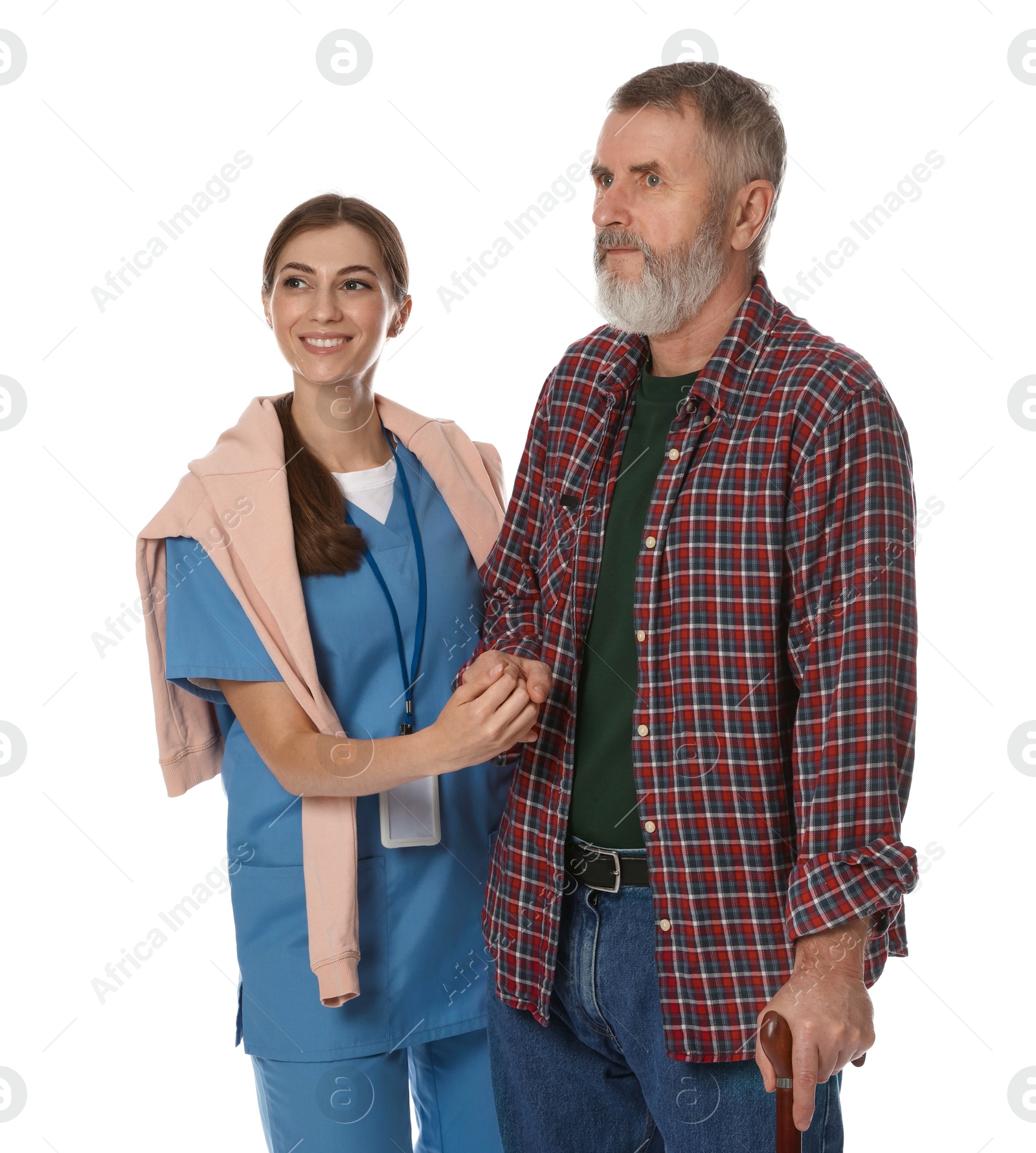 Photo of Caregiver supporting senior man with walking cane on white background. Home health care service