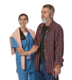 Caregiver supporting senior man with walking cane on white background. Home health care service