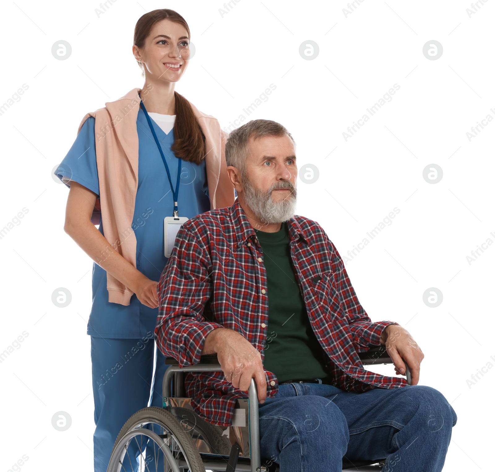 Photo of Caregiver assisting senior man in wheelchair on white background. Home health care service