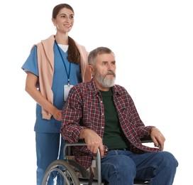 Caregiver assisting senior man in wheelchair on white background. Home health care service