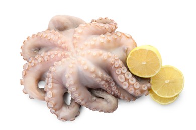 Photo of One fresh raw octopus and lemon slices isolated on white, top view