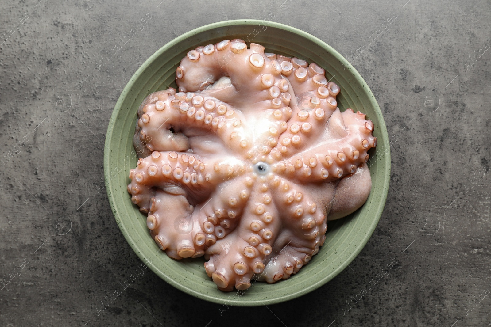 Photo of Raw octopus in bowl on grey textured table, top view