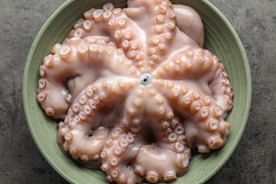 Raw octopus in bowl on grey textured table, top view