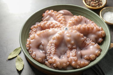 Raw octopus in bowl and spices on grey textured table, closeup