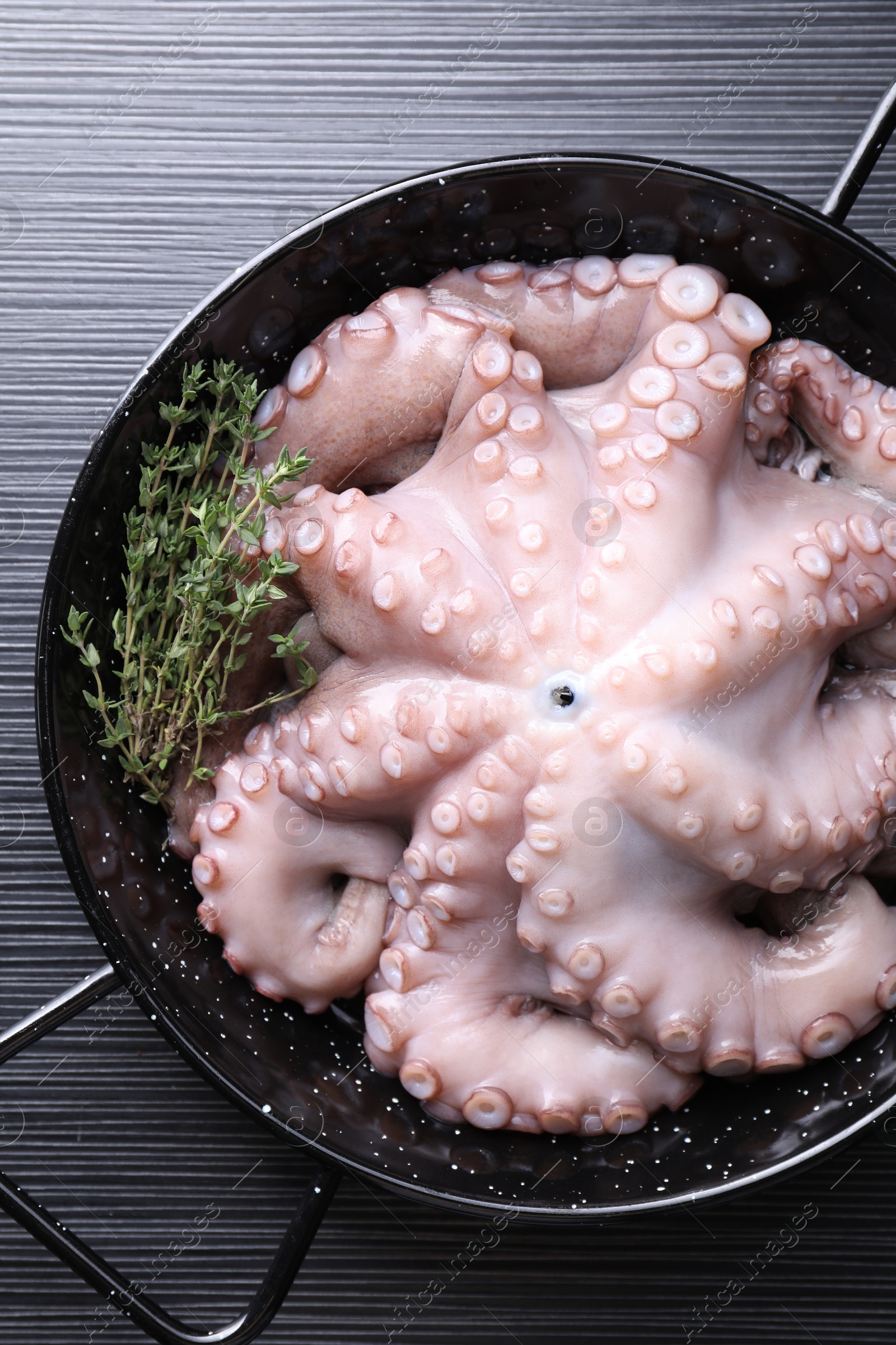 Photo of Fresh raw octopus and thyme in frying pan on dark textured table, top view