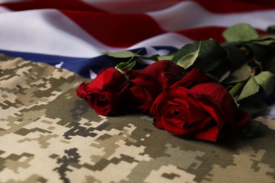 Photo of Veterans day. Rose flowers and military uniform on American flag, closeup