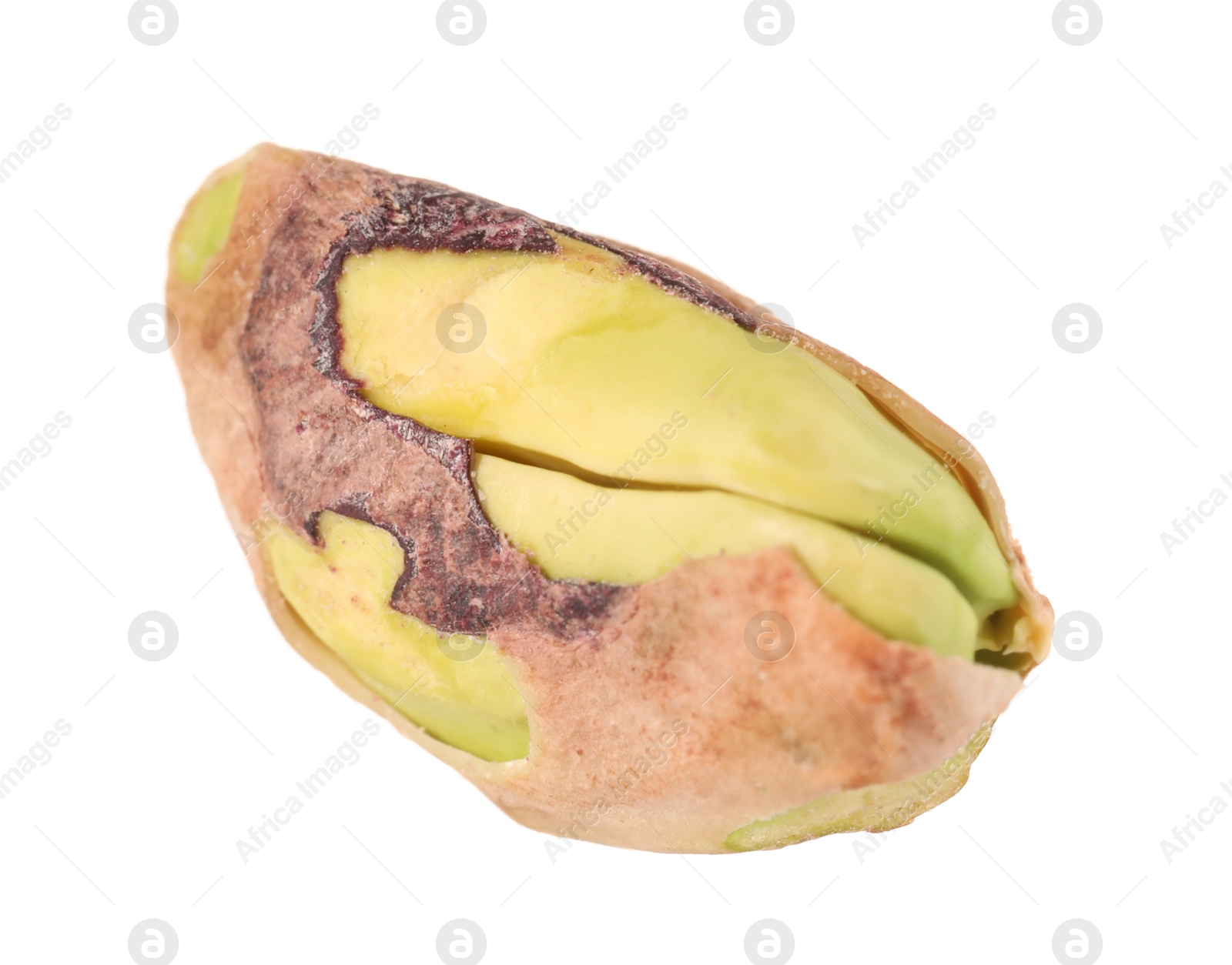 Photo of One peeled pistachio nut isolated on white