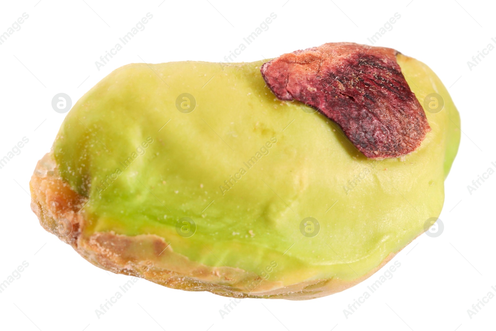 Photo of One peeled pistachio nut isolated on white