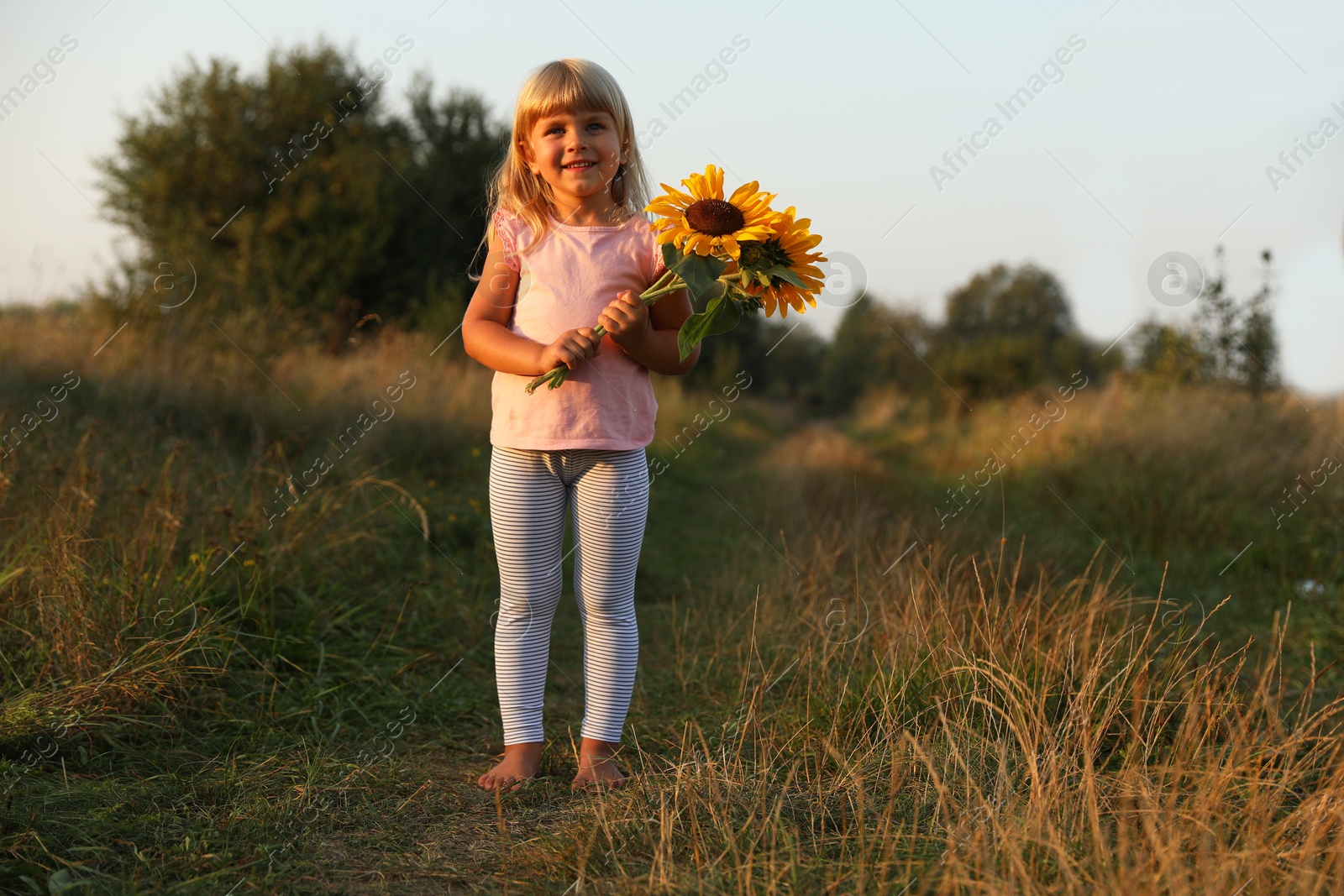 Photo of Little girl with sunflowers at meadow. Child enjoying beautiful nature