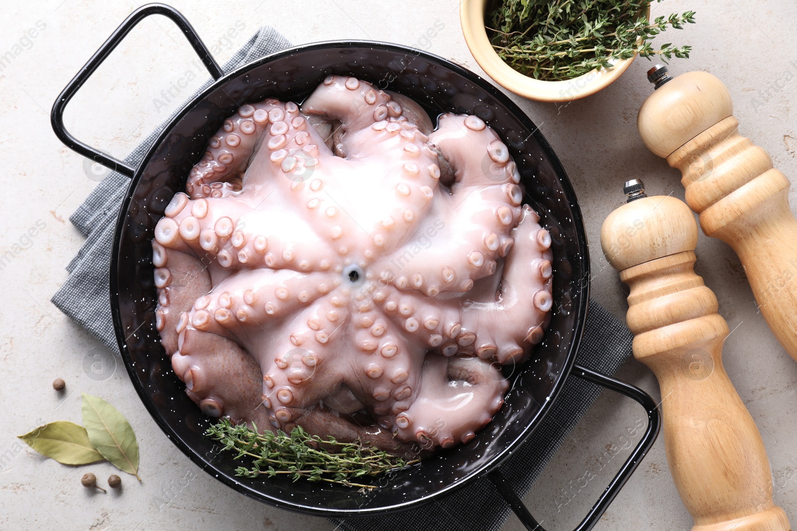 Photo of Fresh raw octopus and spices on grey table, top view