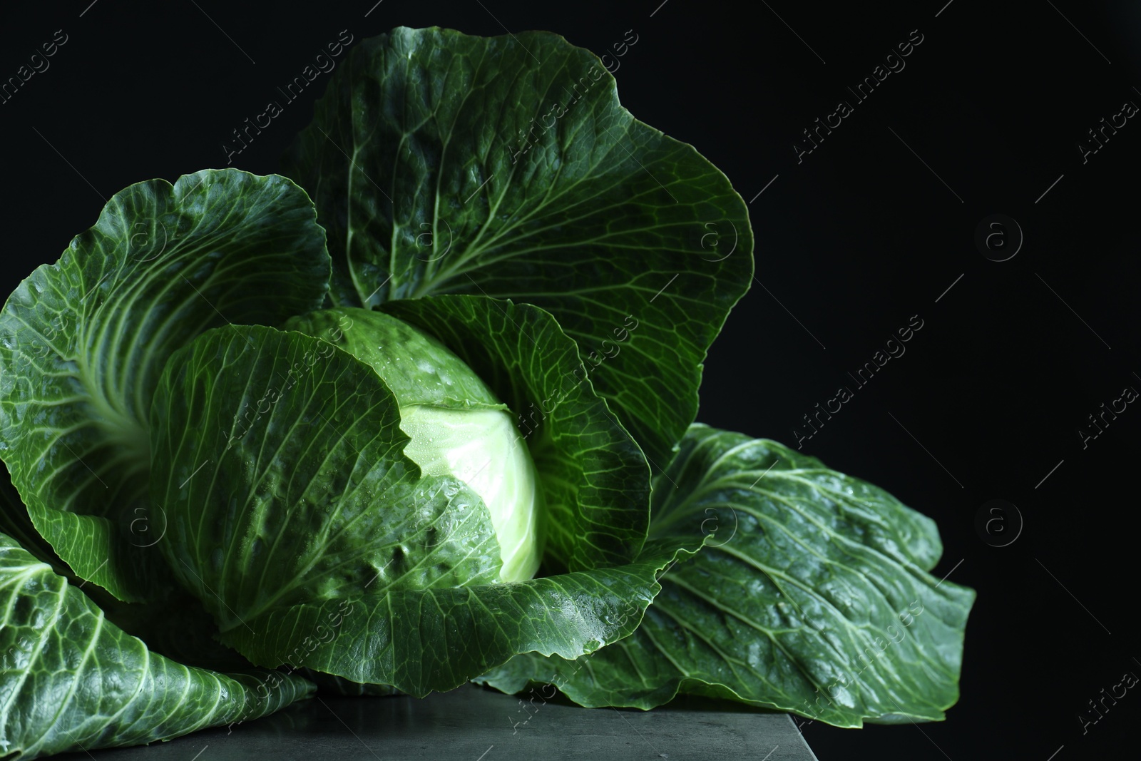 Photo of Whole ripe head of cabbage on table against dark background