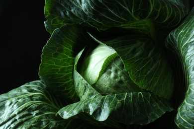 Photo of Whole ripe head of cabbage on dark background, closeup