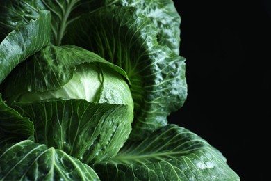 Photo of Whole ripe head of cabbage on dark background, closeup