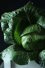 Photo of Whole ripe head of cabbage in crate on dark background, closeup