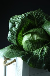 Whole ripe head of cabbage in crate on dark background, closeup