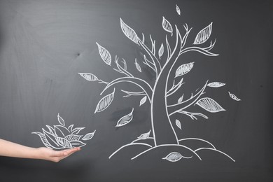 Photo of Woman pretending to catch leaves fallen from tree on chalkboard, closeup