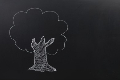 Photo of Beautiful drawing of tree on black chalkboard. Space for text